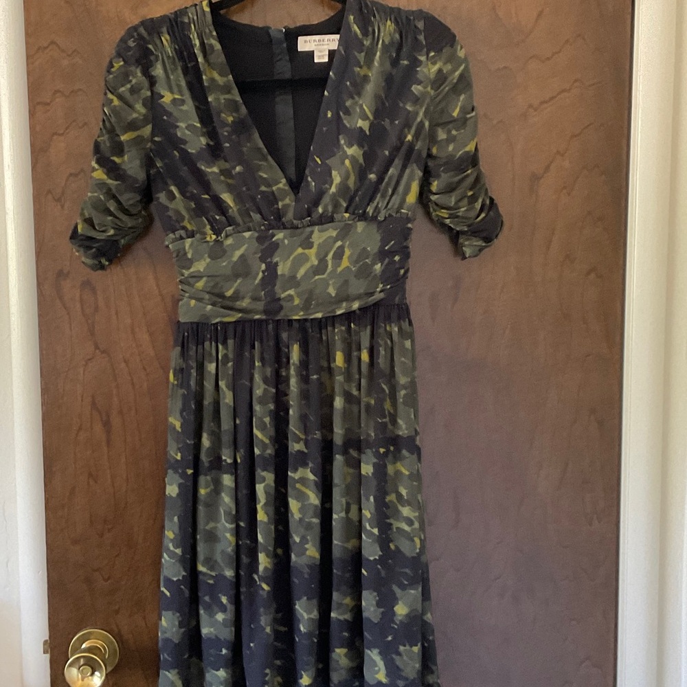Burberry Olive Camo V-Neck Midi Dress